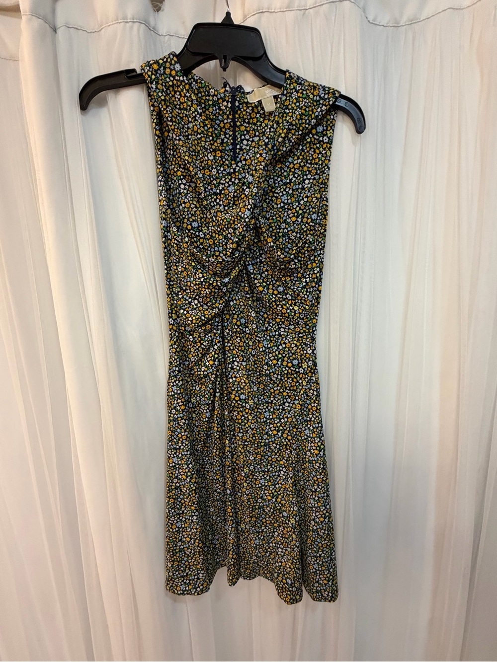 Michael Kors Black Sleeveless Floral Midi Dress with Yellow and Blue Ditsy Print